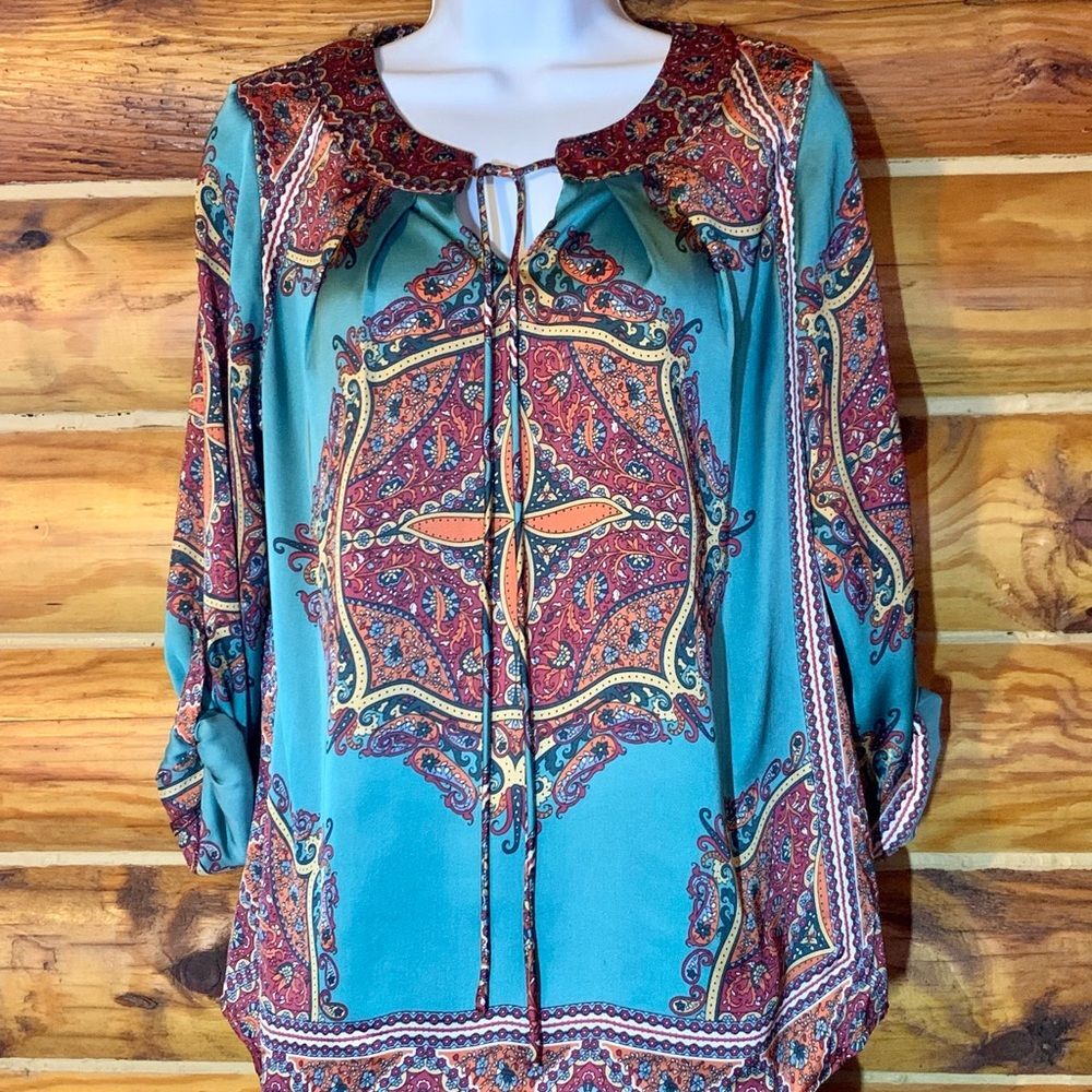 NY Collection Bohemian Boho Satin Blouse Shirt Medium